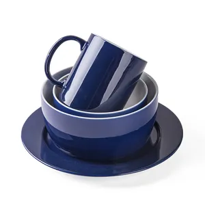 Service de table en céramique et en porcelaine, 4 pièces, ensemble de vaisselle, bols, assiettes, tasses, tasses, pour restaurant, couleur bleu foncé, offre spéciale