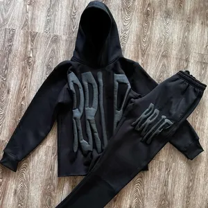 Personalizado de algodón pesado gota hombro Mock cuello sudaderas con capucha recortada Raw Hem hombres 3D Puff impresión espuma Sudadera con capucha hombres