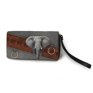 波利尼西亚大象图案棕色皮革拉链环绕钱包女士手抓包热卖腕带旅行时尚女士长款钱包