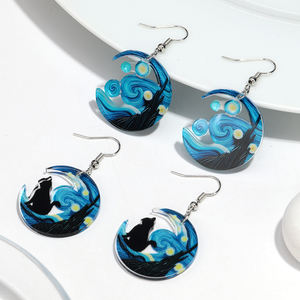 Venta caliente diseñador de arte creativo Van Gogh Luna noche gato negro Castillo Horror Halloween fiesta joyería acrílico gota pendientes - Product Image 4