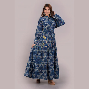 Vestido de Algodón para Mujer, Estampado a Mano, Estilo Escalonado, Manga Abullonada, Cuello Alto, Ecológico, Atuendo Casual - Product Image 1