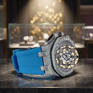 Montre de luxe personnalisée écologique en acier inoxydable avec cadran turquoise, mouvement à quartz analogique, bracelet entièrement serti de pierres, unisexe - Product Image 2