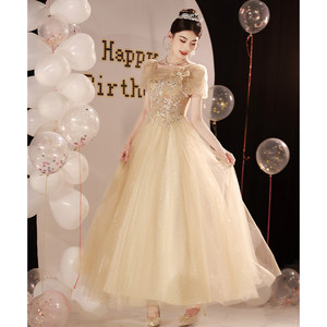 Champagne Evening Gown Women Square Collar Empire Waist A-Line 3D Stereoscopic Patterns Long Dress For Annual Meetings Art Exams - Product Image 2