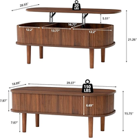 Table basse ovale moderne en noyer foncé avec plateau relevable et rangement dissimulé, table centrale de salon en bois cannelé