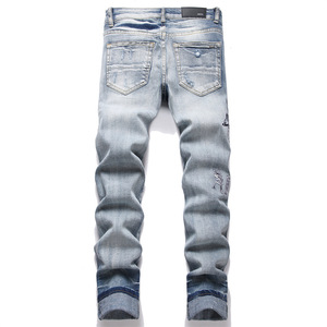 Pantalones de mezclilla azules de cintura media para hombre High Street Y2K estilo Hip Hop 3D bordado leopardo Floral Patchwork ajustado elástico chino - Product Image 3