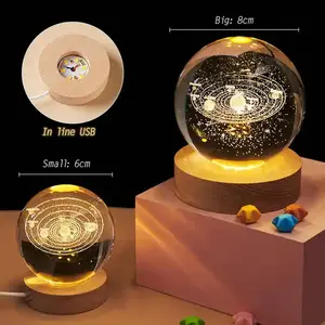 Romantic Crystal 3D Ball Night Lamp Planet Solar System Crystal Ball With Wood Base