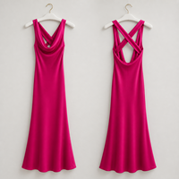 Robe Maxi Femme Fuchsia Satin Col Bénitier Sans Manches Coupe Biais Soirée Fête Mariage OEM ODM Grossiste Usine Custom B2B Mode