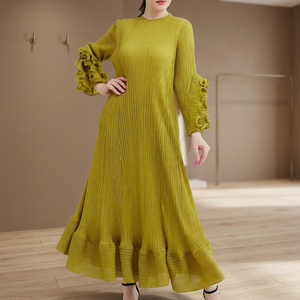 Pleated Maxi <b>Dress</b> Women Long Sleeve <b>Ruffle</b> Sleeve Solid Color Crew Neck Loose Fit Casual <b>Dress</b> <b>All</b> Seasons Viscose Polyester - Product Image 3