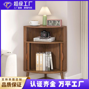 A modern, curved corner cabinet with recessed storage unit, perfect for <b>small</b> spaces, featuring a <b>sliding</b> door side table. - Product Image 5