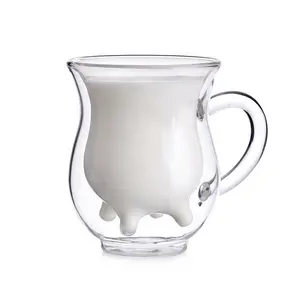 Unique glass milk cup with handle comfortable to hold anti-explosion transparent insulated glass mug