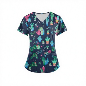 Women's Printed Christmas Woven Polyester <b>Scrubs</b> <b>Top</b> Short Sleeve Nursing Set with Elastic Shirt - Product Image 4