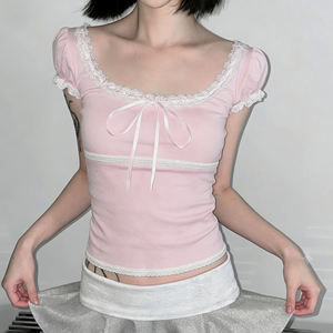 Fresh Pink Lace Trim Square Neck Bow Tie T Shirt Puff Sleeve Short Sleeve <b>Top</b> Cute Playful Summer Tee - Product Image 3