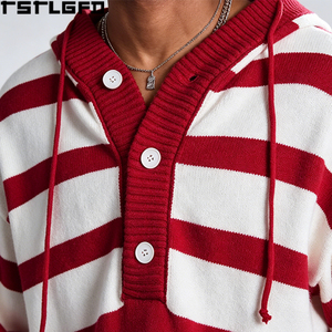 Pull tricoté rétro à capuche rayé, coupe et couture, épais, style Henley boutonné, rouge et blanc, vente en gros - Product Image 3