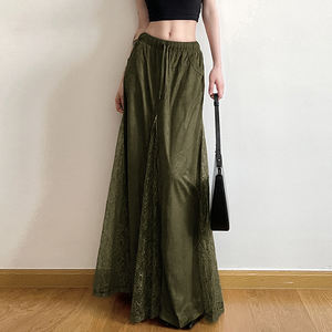 Vintage Forest <b>Green</b> Lace Patchwork A Line <b>Long</b> <b>Skirt</b> Women Retro Boho Small Brand Zip Design Flowing <b>Skirt</b> - Product Image 2