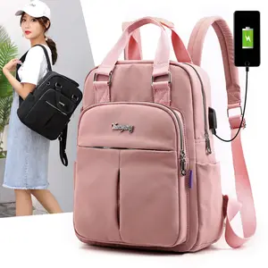 Ransel Laptop untuk wanita, tas sekolah lucu merah muda, tas punggung guru 15.6 inci dengan Port pengisian USB