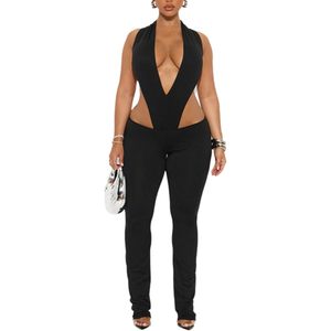 Conjunto de 2 Piezas Sexy Personalizado 2026 para Mujer, Body con Cuello en V Profundo, Pantalones de Cintura Baja, Atuendo de Club, Sin Mangas, Halter, Tejido de Punto, Primavera Verano - Product Image 1
