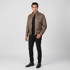 Finer Threads Casual Brown Genuine <b>Leather</b> Racer <b>Jacket</b> Breathable Multi-Pockets Turn Down Collar <b>Long</b> Men's Autumn Vintage - Product Image 1