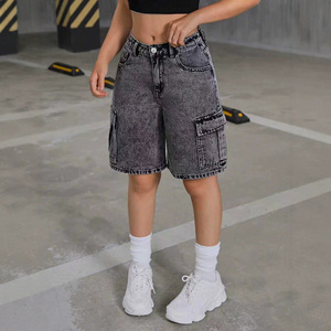 Shorts <span class=keywords><strong>Bermuda</strong></span> en Jean Cargo Noir Gris Délavé Minimaliste pour Adolescentes, Taille Mi-Haute, Multi-Poches, Personnalisable ODM OEM - Product Image 3