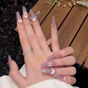 Faux <span class=keywords><strong>ongles</strong></span> ovales press-on faits main, élégants, avec nœud en ruban violet 3D et paillettes, <span class=keywords><strong>pour</strong></span> mariages, mariées, usage quotidien, rendez-vous galants et fêtes - Product Image 1