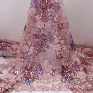 Novo 2023 Malha Lantejoula 3D Bordado tecido de renda usado para casamento vestido de noite