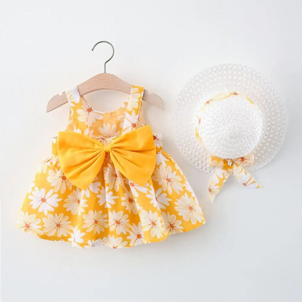 2024 nouvelle robe d'été à motif floral mignon pour les enfants avec décoration d'arc et conception sans manches