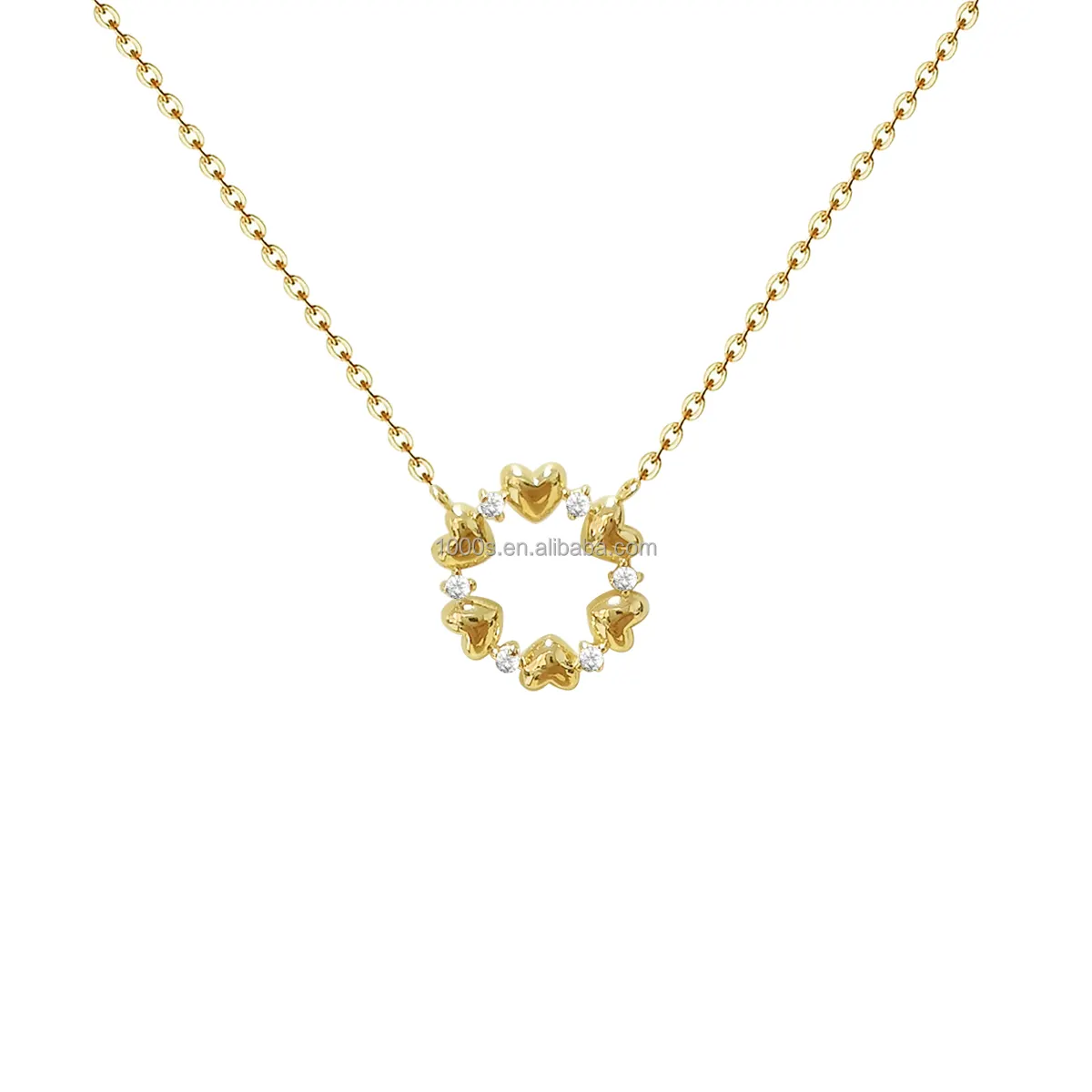 18K Yellow Gold Solid Loop Shape Heart shape Pendant Diamond Beads Necklace Jewelry