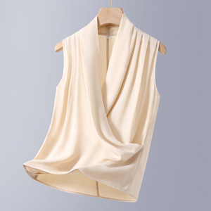 White V Neck Sleeveless Vest For Women Flax Fabric Crossbody Design Four Seasons Wear - Product Image 4