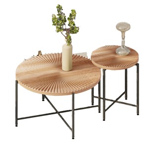 Set di tavolini da caffè e tavolini laterali in 2 pezzi con motivo radiale, MDF impermeabile con rivestimento in PVC, design cilindrico anticato, metallo nero - Product Image 3