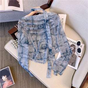 Camisa de Moda para Mujer, Azul Denim, Manga Larga, Diseño Asimétrico de Chifón y Malla, Estampado Vintage, Transpirable, para Primavera y Otoño - Product Image 1