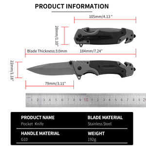Cuchillo Plegable Táctico de Supervivencia para Camping, con Hoja de Acero 3cr13 con Recubrimiento Negro OEM, Mango G10, Rompecristales - Product Image 3