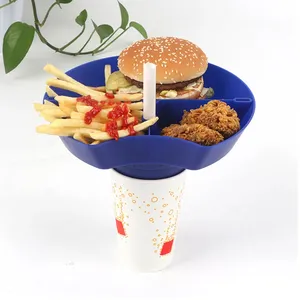 TX 2 In 1 Reusable Food Tray Snack Bowl With Straw Hole Put On Beverage Cup Take Out