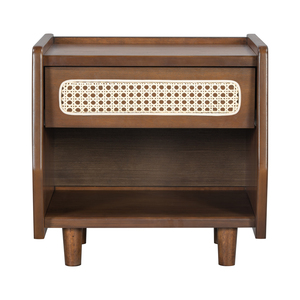 Walnut Nightstand With Rattan Detail MDF Solid Wood Modern Bedroom Storage Open <b>Shelf</b> Drawer Indoor Furniture - Product Image 4