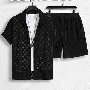 Ensemble chemise à manches courtes pour homme, style décontracté, en polyester respirant, tricoté jacquard, couleur unie, motif floral brûlé sur le devant - Product Image 1