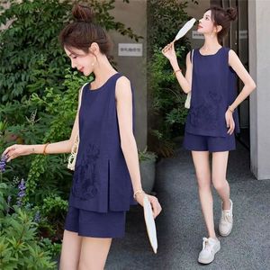 Women's Cotton Linen Two Piece Set Sleeveless Top Shorts Navy Blue Embroidered Breathable Casual Summer Outfit - Product Image 4