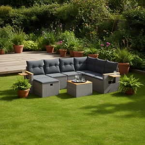 Ensemble de canapés de jardin gris 6 places en rotin, mobilier d'extérieur avec rangement, design contemporain - Product Image 2