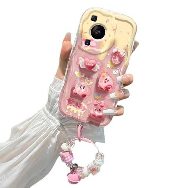 For 17/16/15/14 Pro Max Phone Case Shockproof TPU Material Pink Bell Hand Strap Clear Transparent Cover Cute Cartoon Doll