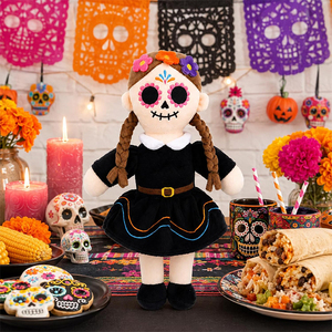 Muñeca <span class=keywords><strong>de</strong></span> Peluche Personalizada del Día <span class=keywords><strong>de</strong></span> <span class=keywords><strong>Muertos</strong></span>, Figura <span class=keywords><strong>de</strong></span> Peluche <span class=keywords><strong>de</strong></span> Niña Calavera con Trenzas, Vestido Negro y Diadema Floral para Decoración Cultural - Product Image 2