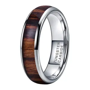 Coolstyle Jewelry 6mm Koa Wood Inlay Polished Shiny Domed Tungsten Ring for Men Women Trendy Engagement Wedding Band Comfort Fit