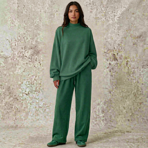 Conjunto de Sudadera Oversize de Cuello Alto para Mujer, Verde Liso, con Hombros Caídos, Manga Larga, y Pantalones de Algodón Tejido, para Otoño - Product Image 1