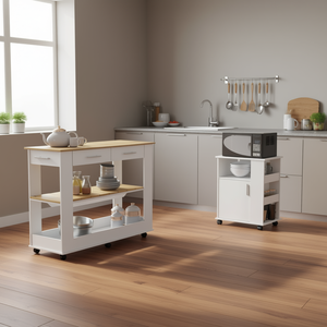 Tournament Ensemble de cuisine 2 pièces à 6 étagères, 1 porte, 3 tiroirs Blanc et chêne clair avec îlot de cuisine et chariot - Product Image 2