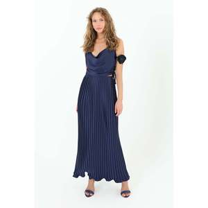 Women's Elegant Pleated Long Satin Skirt by Soul - Stylish Navy Blue A-Line Design for Special Occasions and Everyday Wear - Product Image 1
