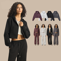 Ensembles de sweats à capuche et pantalons zippés OEM 350 GSM, personnalisables avec logo, style streetwear, sweats à capuche courts et pantalons de survêtement deux pièces pour femmes