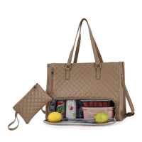 Sac fourre-tout et sac à déjeuner 2-en-1 en PU brodé avec fermeture éclair, design matelassé pour femme, grand sac à main convertible pour ordinateur portable et travail
