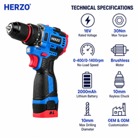 Perceuse sans fil HERZO 16V sans balais 30Nm 10mm à vitesse variable, visseuse électrique rechargeable avec lumière LED OEM
