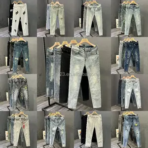Celana denim pria, jeans ramping modis kualitas tinggi regang bercetak untuk lelaki