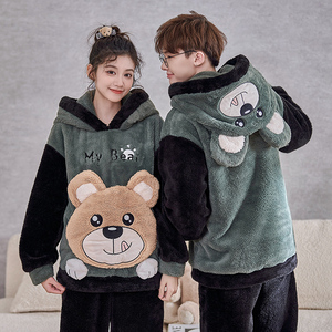 Conjunto de pijama de franela de otoño e invierno, traje térmico de manga larga con capucha para parejas y jóvenes, ropa de dormir de dibujos animados de lana gruesa - Product Image 3