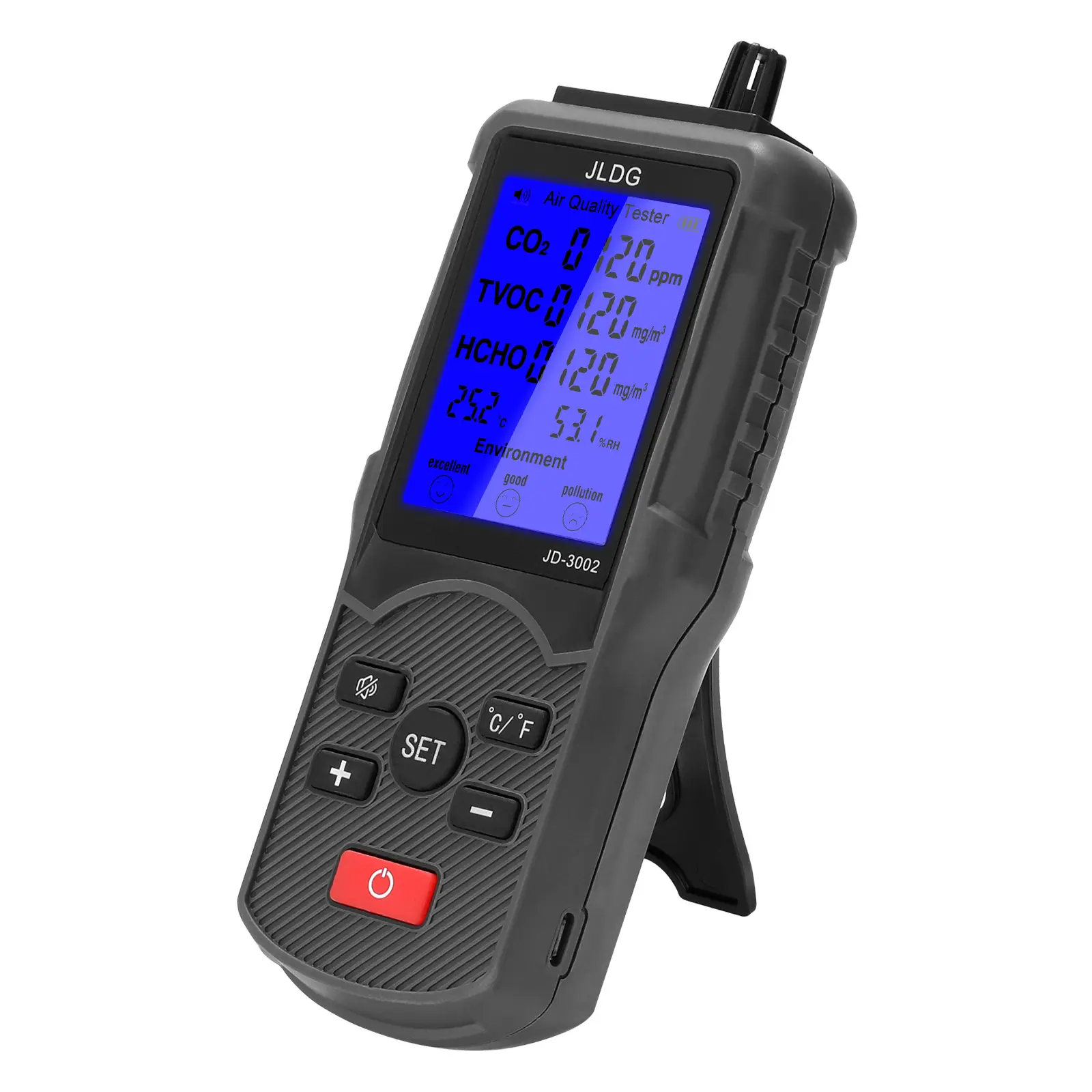 Buon prezzo JD-3002 CO2 TVOC HCHO misuratore di qualità dell'aria Tester di umidità della temperatura per interni
