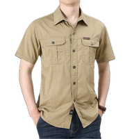 Chemise décontractée pour homme de haute qualité, à manches courtes, 100% coton satiné, anti-boulochage, col rabattu à bouton unique, style safari extérieur