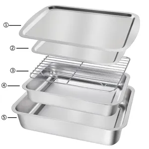 Baking Trays for Oven 5pcs Set Stainless Steel Cooling Rack BBQ Serving Deep/Shallow Tray