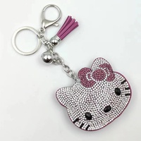 Porte-clés chaton à pompon, orné de diamants, pendentif de sac pour femme, style coréen, en velours, avec diamants bicolores